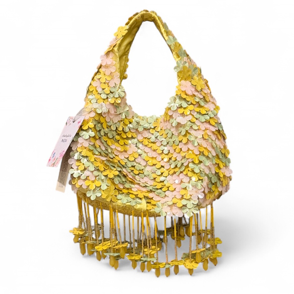Pastel Floral Beaded Fringe Mini Hobo Bag NWT - Picture 2 of 10